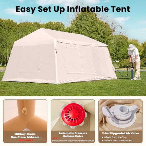 Inflatable Tents for Camping, Blow Up Tent with Hand Pump, Easy Setup Inflatable Hot Tent with Stove Jack, Waterproof Oxford Air Glamping Tents for Camping Adult 4-6 Person