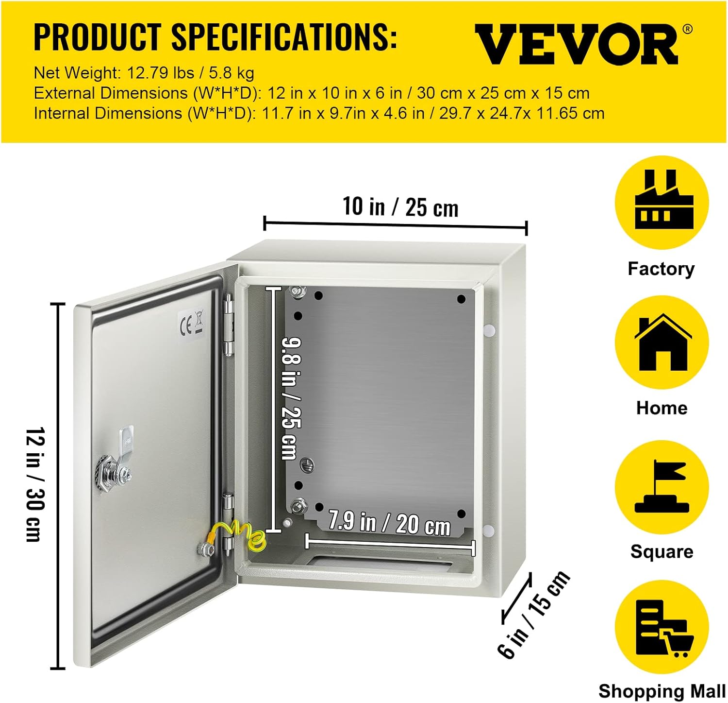 VEVOR NEMA Steel Enclosure, 12 x 10 x 6'' NEMA 4X Steel Electrical Box, IP66 Waterproof & Dustproof, Outdoor/Indoor Electrical Junction Box, with Mounting Plate
