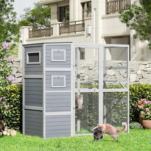 COZIWOW Large Wood Cat Catio, Outdoor Enclosure with Weatherproof Roof, 2 Resting Rooms, 2 Platforms, 4-Tier Cat Playpen, Orange