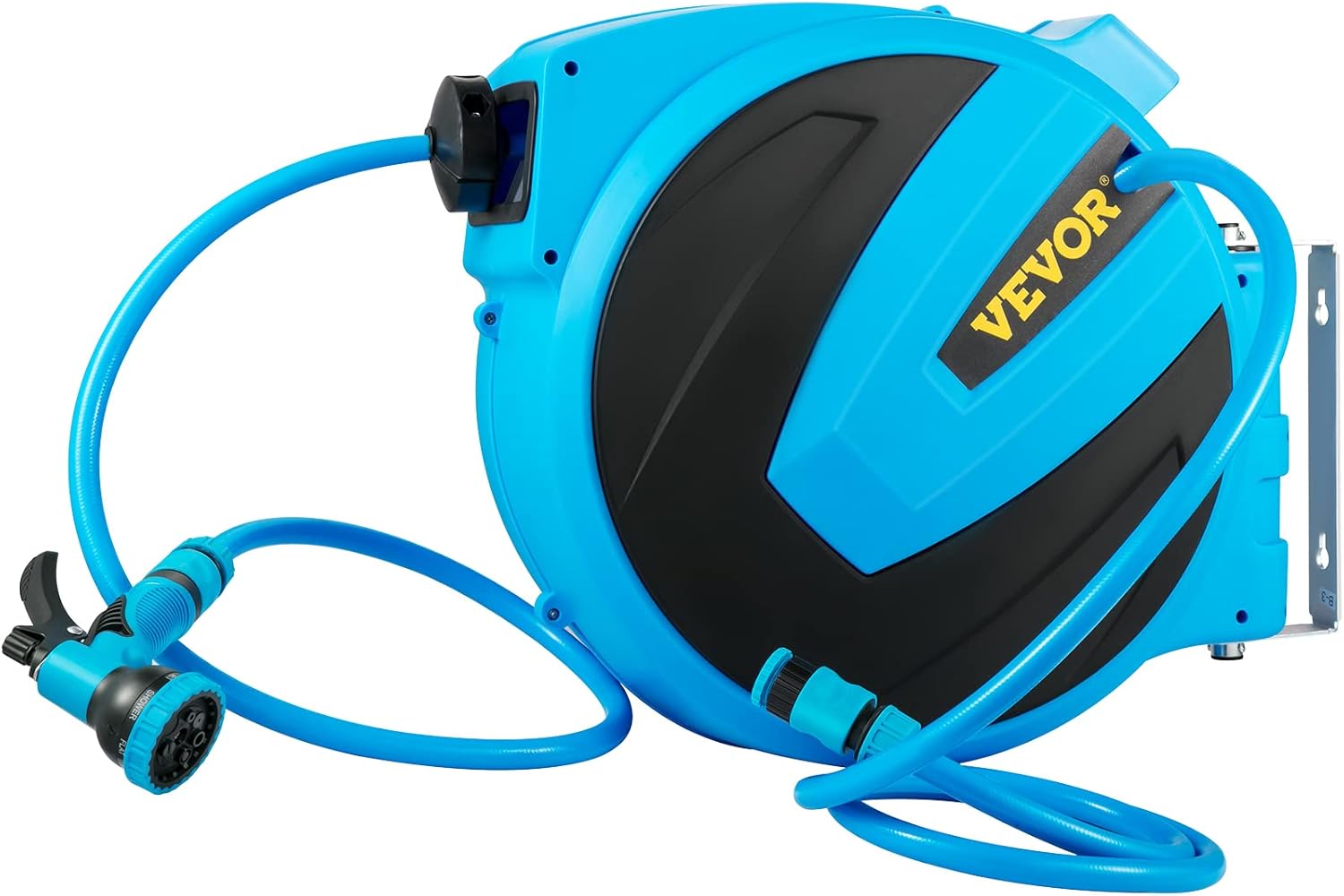 VEVOR Retractable Hose Reel, 1/2 inch x 75 ft, Any Length Lock & Automatic Rewind Water Hose, Wall Mounted Garden Hose Reel w/ 180° Swivel Bracket and 7 Pattern Hose Nozzle, Blue