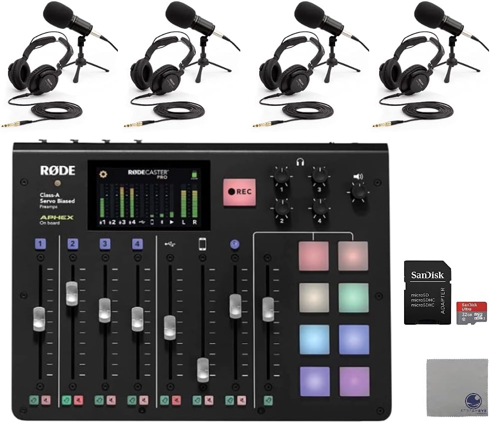 Rode RODECaster Pro Podcast Bundle with 4X Zoom ZDM-1 Podcast Mic Packs, SanDisk 32GB microSD Card, and StreamEye Polishing Cloth