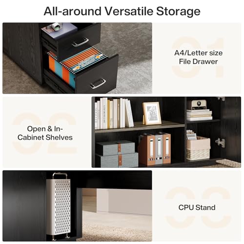 Tribesigns 85.8-Inch L-Shaped Executive Desk with File Drawers, Door Cabinet & Shelves, Extra Large Commercial Office Desk, Modern Professional Office Table, White & Brown Business Furniture