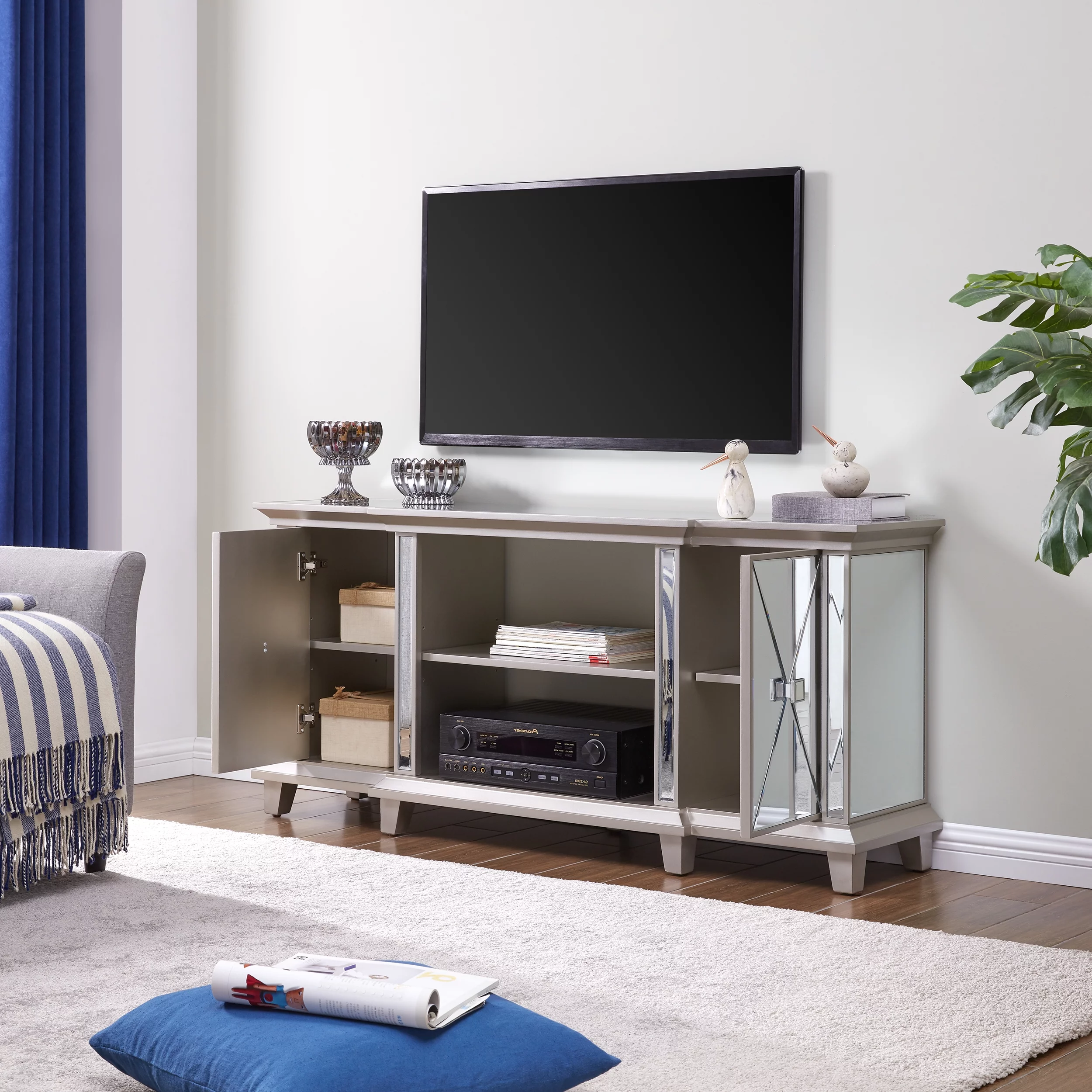 SEI Paddington Glam style Mirrored Media Console w/ Storage in Mirror and silver finish