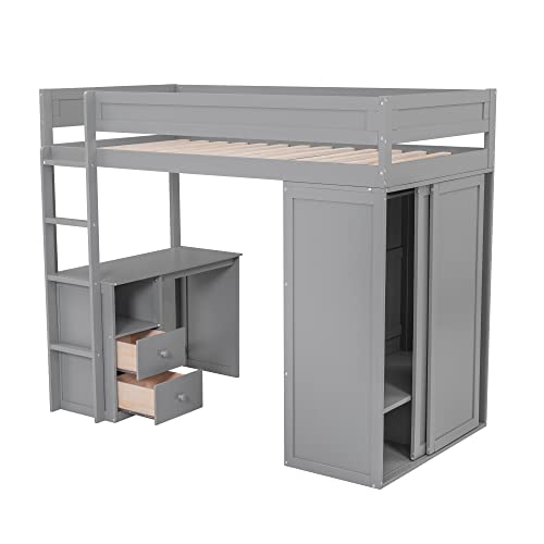 Full Size Loft Bed with Storage Wardrobe and Desk Wooden Loft Beds Frame with Drawers and Cabinet Wood High Loft Beds with Ladder for Kids Teens Adults, White