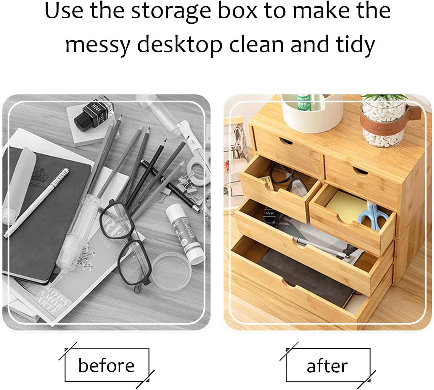 Wisdture Mini Storage Box with Drawers,Practical Office Storage Bins,Bamboo Desk Sets and Accessories Suitable for Office,Bedroom,Dressing Table,Large Desk Organizer(3 Drawer with Tall Drawer)