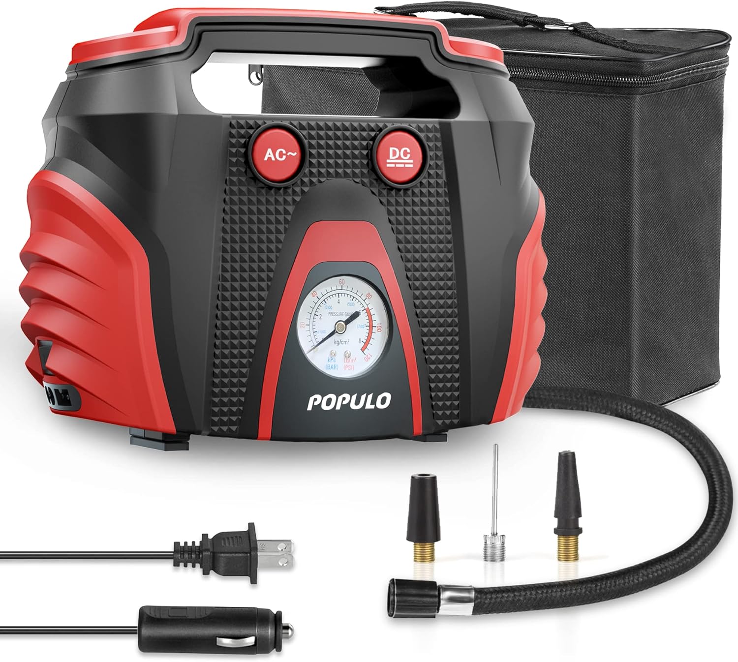 POPULO Tire Inflator Air Compressor, AC/DC Portable Air Compressor Pump for Car (12V DC) and Home (120V AC), Car Tire Inflator with Pressure Gauge for Bike, Motorcycle, Ball and Other Inflatables