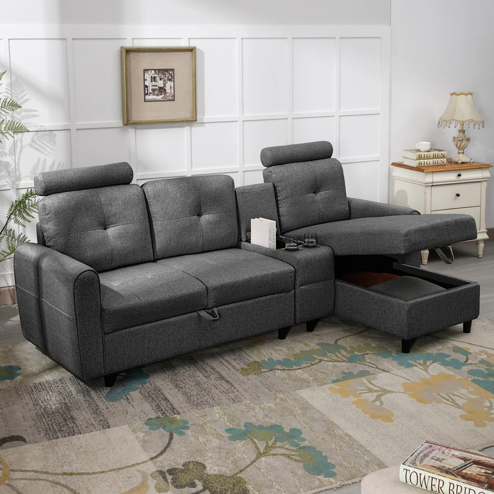 ZAFLY Convertible Sectional Couch, L Shaped Sofa with Storage Chaise, Modern Sectional Sofa with Cup Holders and Neck Pillows, Reversible Sectional Couch for Living Room, Dark Grey