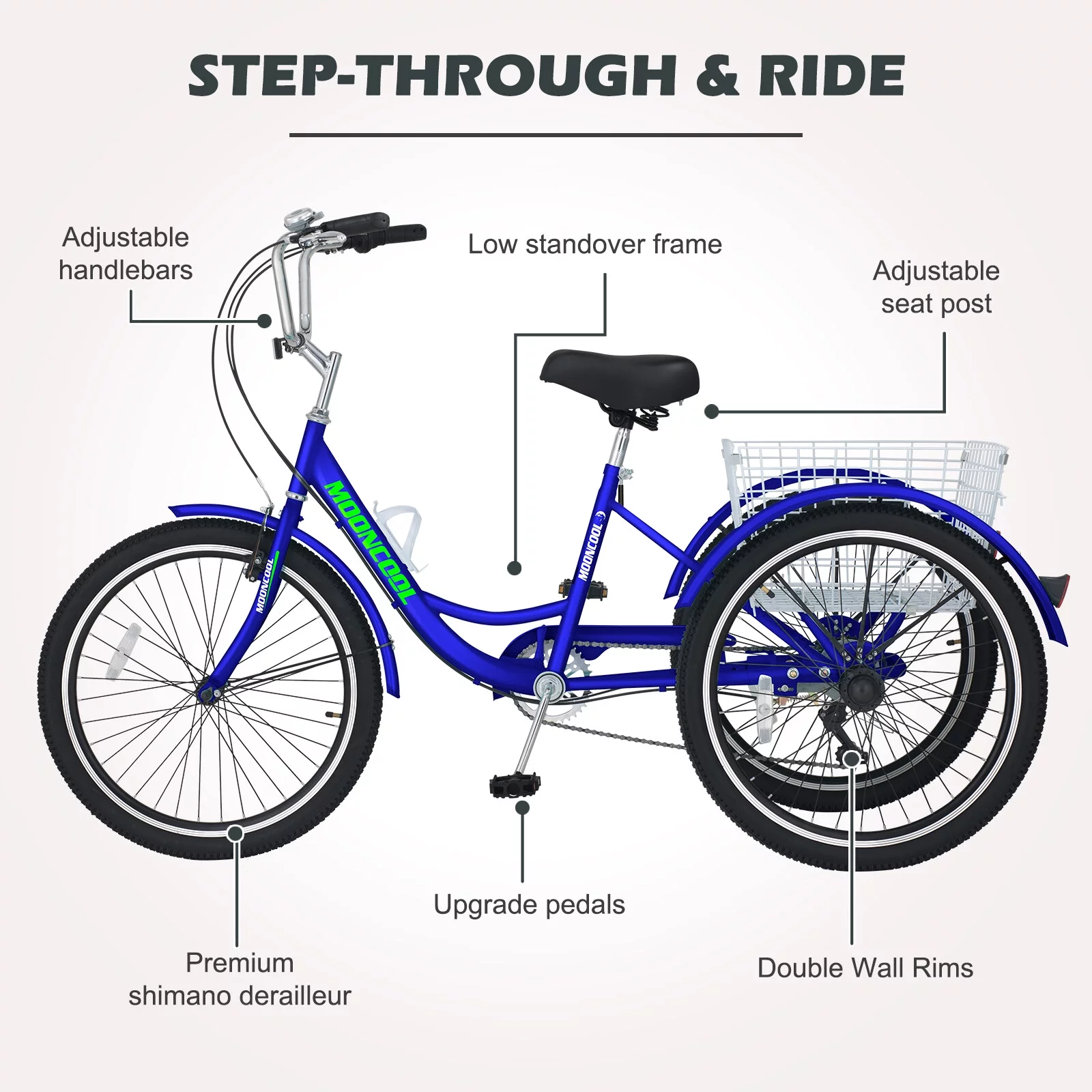 LILYPELLE 24 Adult Tricycle 7 Speed, Three Wheel Bikes for Adults 400lbs,Low-Step Through Trike Cruiser for Exercise Shopping Outdoor Activities,Cyan