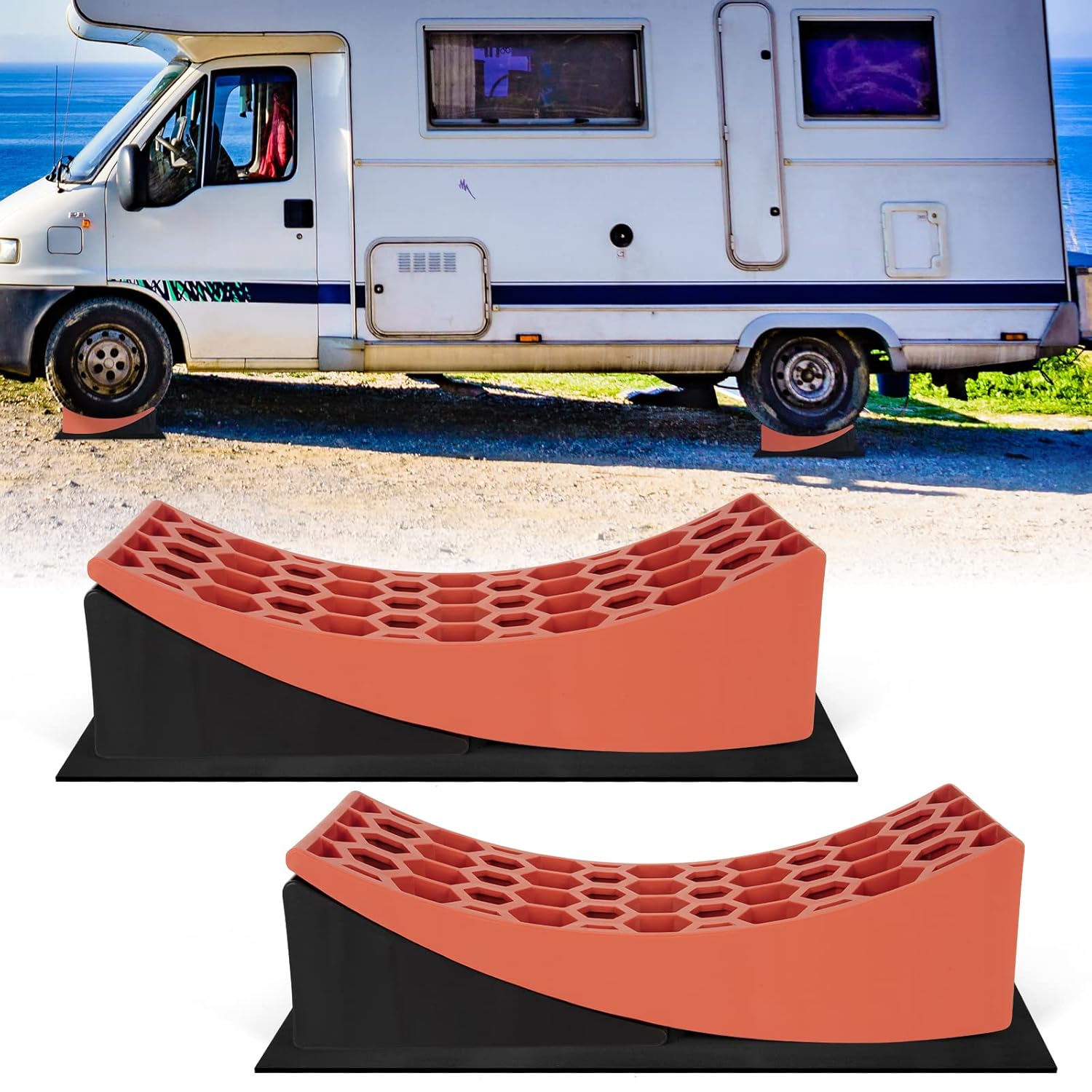 WELLUCK RV Camper Leveler Kit, 2 Packs Heavy Duty Curved RV Leveling Blocks Ramp Wheel Chock for Travel Trailer, Up to 35,000 lbs, Anti-Slip Mats Included, Level your RV on First Try Pack of 2