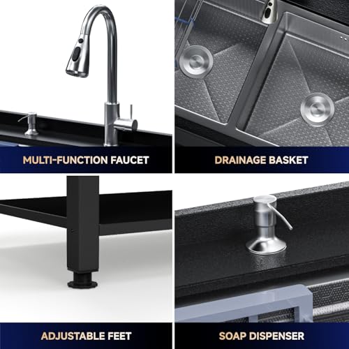 Stainless Steel Utility Sink,24" FreeStanding Laundry&Utility Room Sinks with Cold and Hot Water Faucet,Hoses and Drain Kit Commercial Single Bowl,Laundry Sink for Kitchens, Garage (24x18x36 Black)