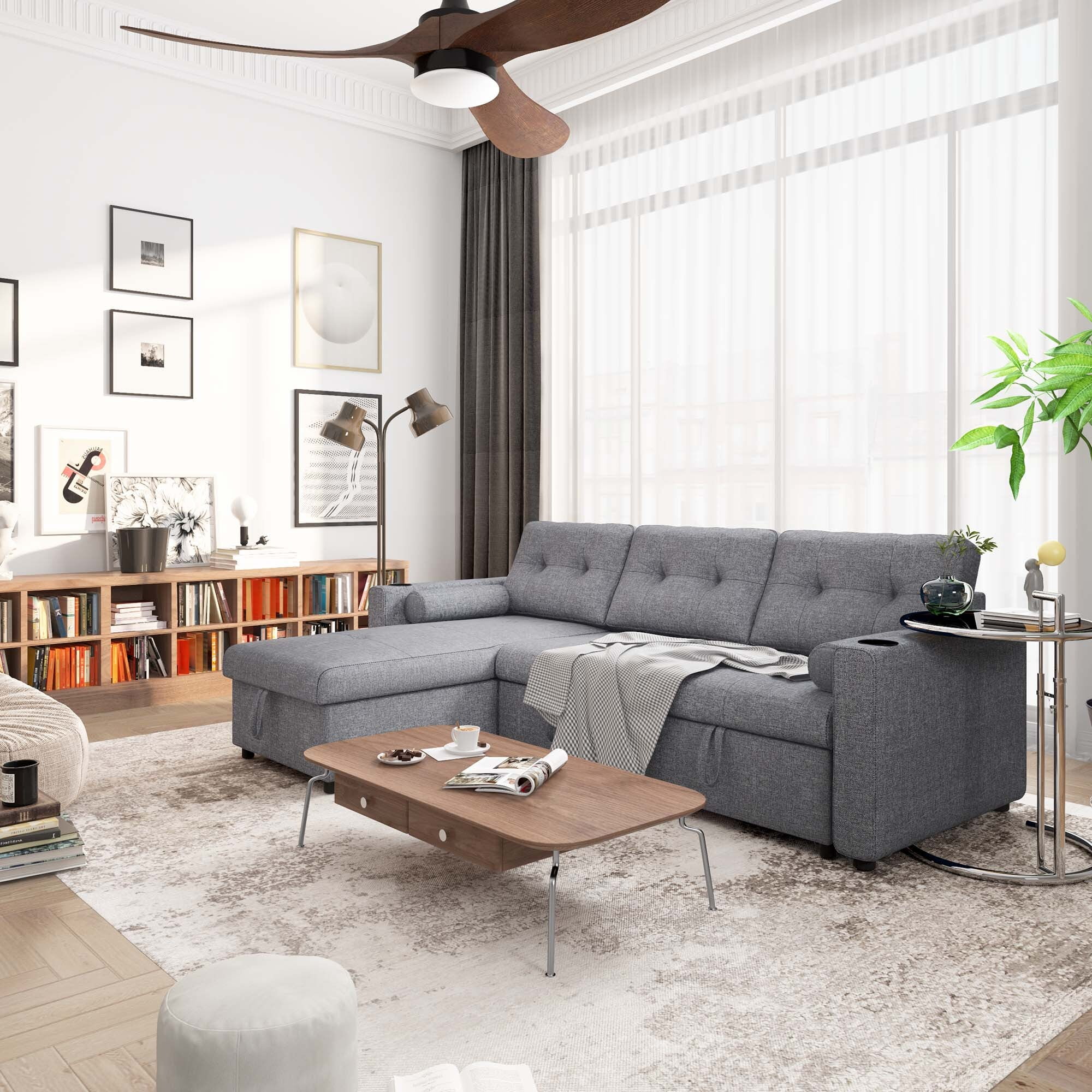 Soges Pull Out Sofa Bed L Shape Sofa with Storage Chaise, 3 Seater Sofa Bed with Cup Holders, Linen Fabric Couch for Living Room, 2 Pillows, Gray