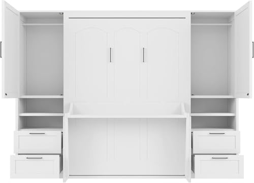 MERITLINE Full Murphy Bed with Desk and Storage 2 Closet,Drawers&Shelves, Wood Folding Murphy Wall Bed Cabinet for Adults (Full,White with Drawers)