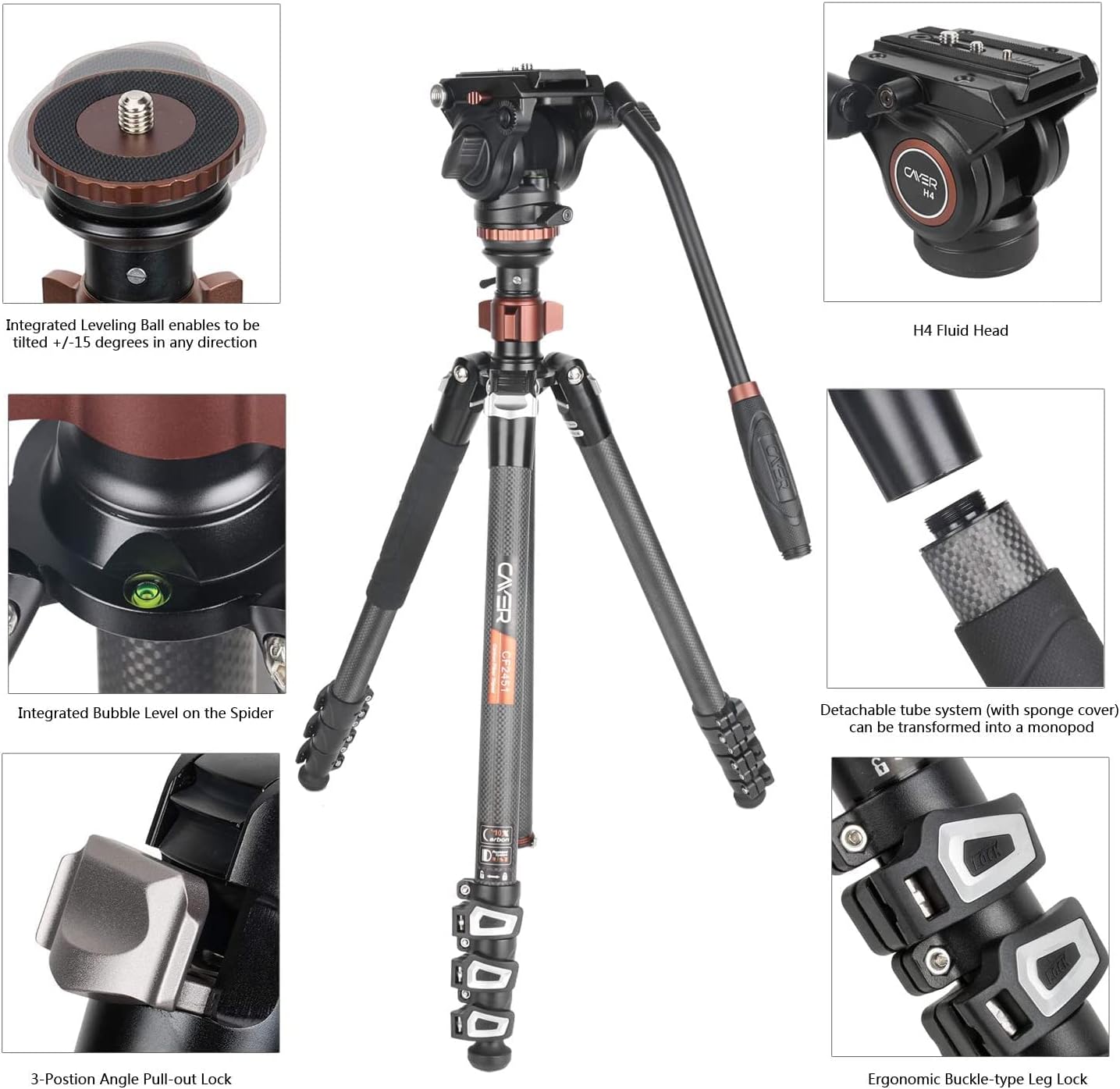 Cayer CF2451 Video Tripod 67 inches Carbon Fiber Tripod Leg with Fluid Drag Head, 4-Section Compact DSLR Tripod Convertible to Monopod for DSLR Camera, Video Camcorder