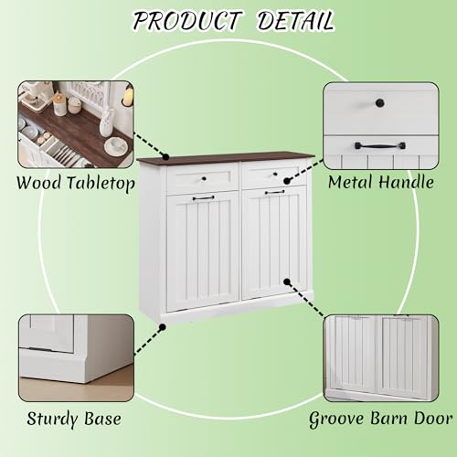 Tilt Out Laundry Hamper Cabinet, 10 Gallon Farmhouse Trash Can Cabinet with Drawer, Hidden Wood Garbage Can Bin Cabinet with Laundry Storage Basket for Bathroom, Kitchen, White
