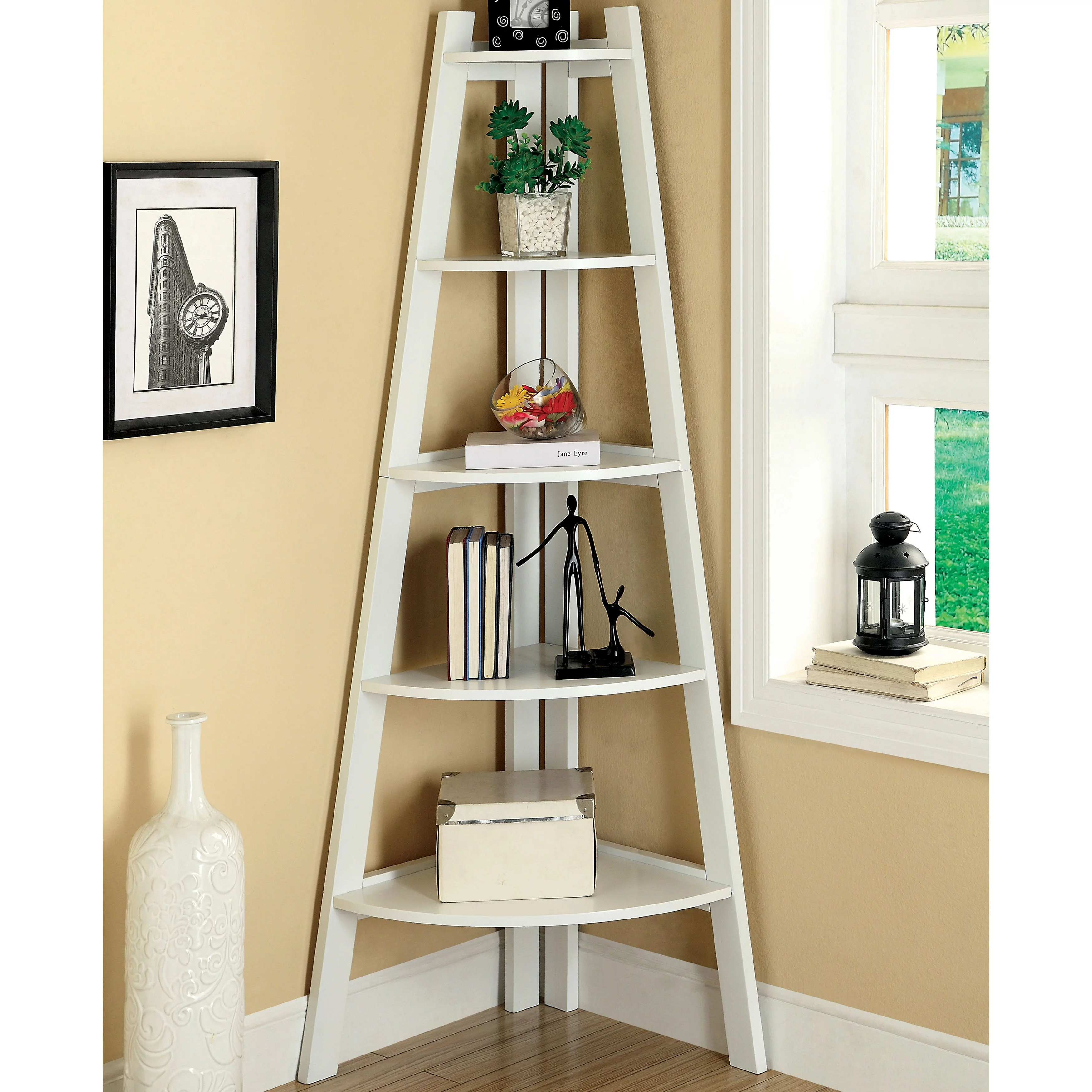 Denhour DH BASIC Space Saving Tiered 5-shelf Corner Bookshelf by  Cherry Cherry Finish, Wood Finish Traditional, Classic