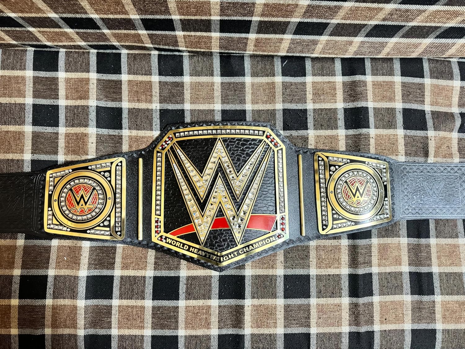 World Heavyweight Championship Replica Wrestling Title Belt Adult Size - Gold Coated Metal Plate Leather Strap, Black
