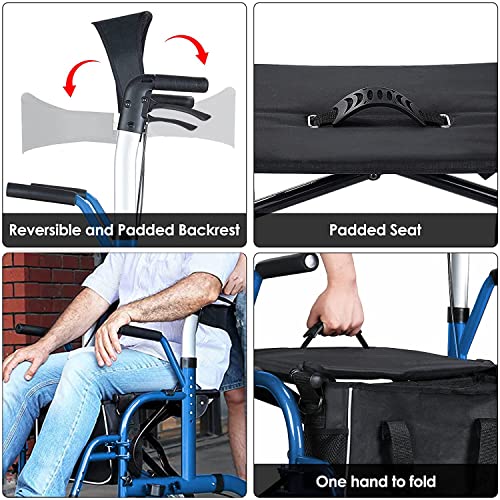 2 in 1 Rollator Walker for Seniors-Medical Walker with Seat,Folding Transport Wheelchair Rollator with 10" Big PU Rear Wheels,Reversible Soft Backrest and Detachable Footrests Blue