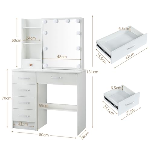 Makeup Vanity Desk with Lighted Mirror & 3 Lighting Modes Adjustable Brightness, Vanity Table with 6 Drawers and Storage Shelves, Vanity Set with Upholstered Stool