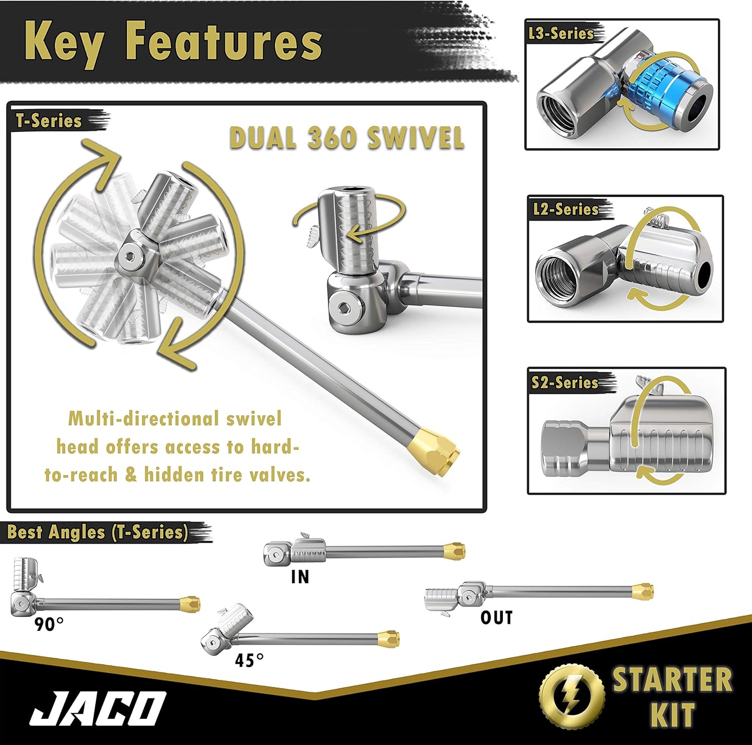 JACO Lightning Tire Air Chuck Kit (Set of 7) | Open Flow, 1/4" F-NPT