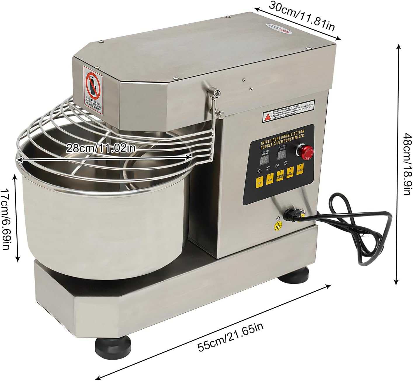 Commercial Food Mixer, 10.5Qt Capacity, Spiral Mixer 1000W Dual Rotating Dough Kneading Machine with Food-grade Stainless Steel Bowl, Security Shield & Timer Included, Baking Equipment for Restaurant
