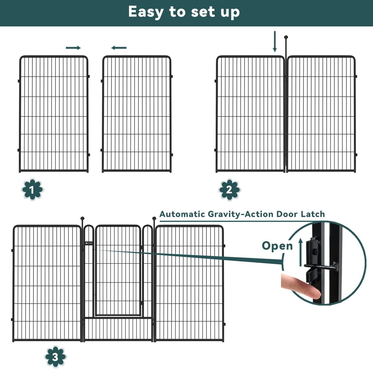 FXW Decorative Garden Metal Fence Temporary Animal Barrier for Yard, 7 Panels+1 Gate, 20'(L)×50"(H), Black