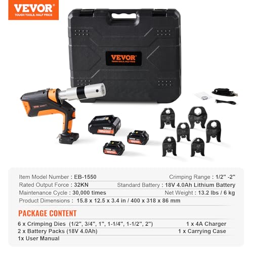 VEVOR Pro Press Tool, 18V Electric Pipe Crimping Tool for 1/2" to 2" Stainless Steel, Copper, PEX Pipes, 360° Rotation Automatic Crimper with Brushless Motor & 6 Pro Press Jaws