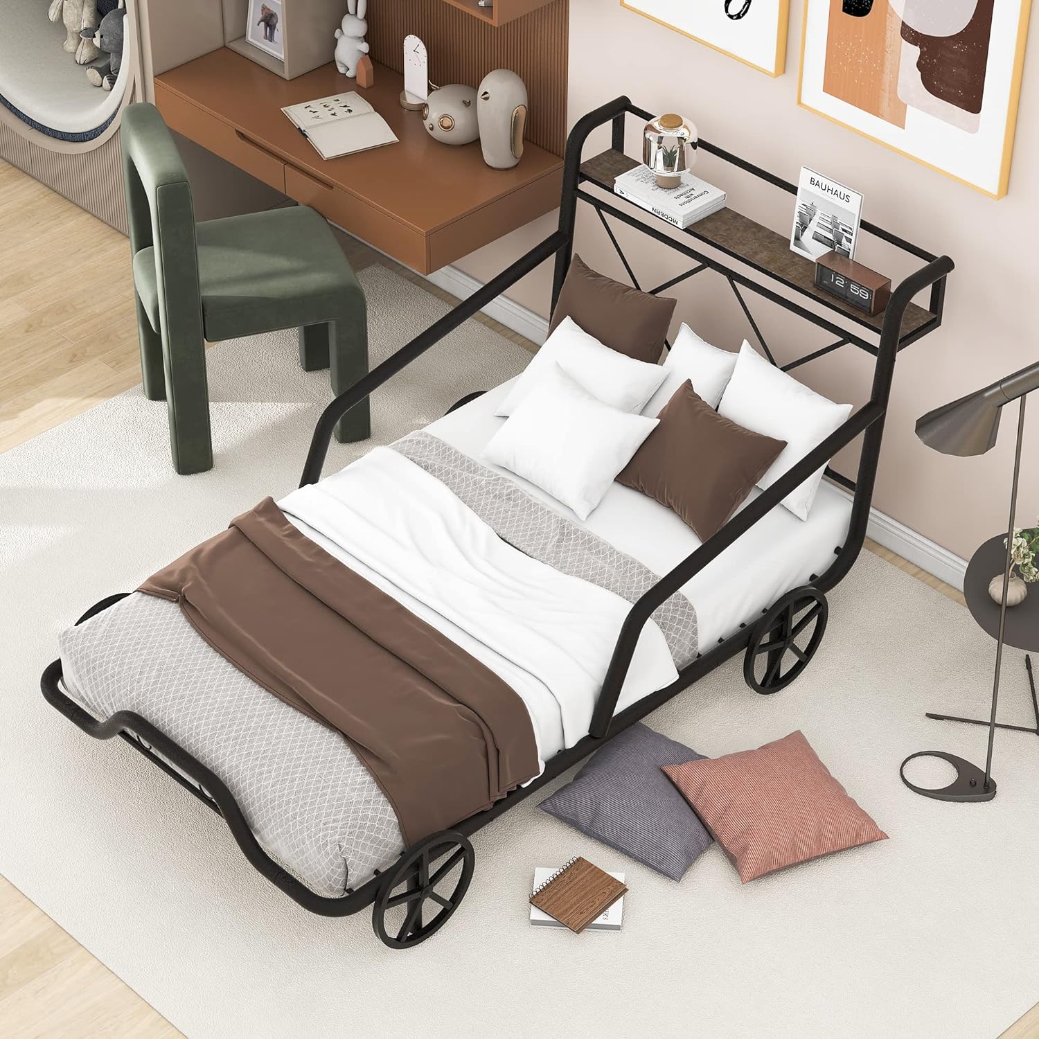 Size Metal Car Bed With Four Wheels For Boys Girls, Guardrails Ad X-Shaped Frame Shelf, Black