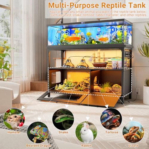 55-75 Gallon Fish Tank Stand with LED Light, Aquarium Stand with Outlet and Storage, 49.2" Reptile Terrarium Tank with Lockable Door, Observable Screen and Top Ventilation Mesh, Gray Oak