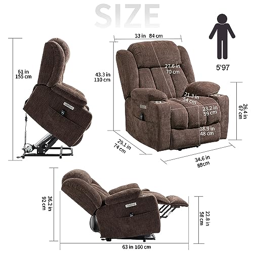 2024 Power Lift Recliner Chair with Full-Body Massage and Heat for Elderly, Hand Remote Control, Upgraded OKIN Motor, Extended Footrest, USB Ports, Stainless Steel Cup Holders, Chenille Grey