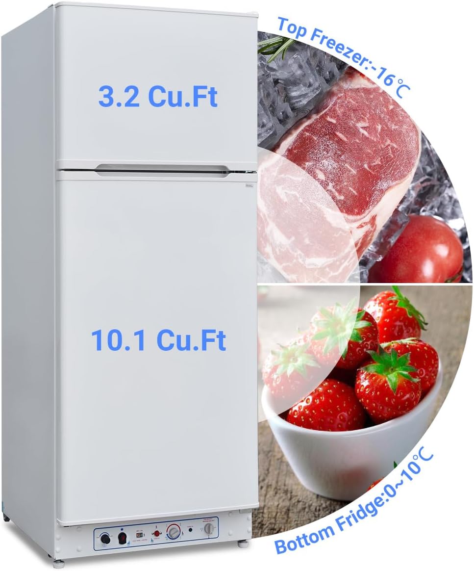 13.5 Cu.Ft Propane Refrigerator with Freezer, Gas Fridge with Freezer Off Grid, 110v/LPG Dual Powers, RV Refrigerator for Outdoor, Truck, Camper, Kitchen, White