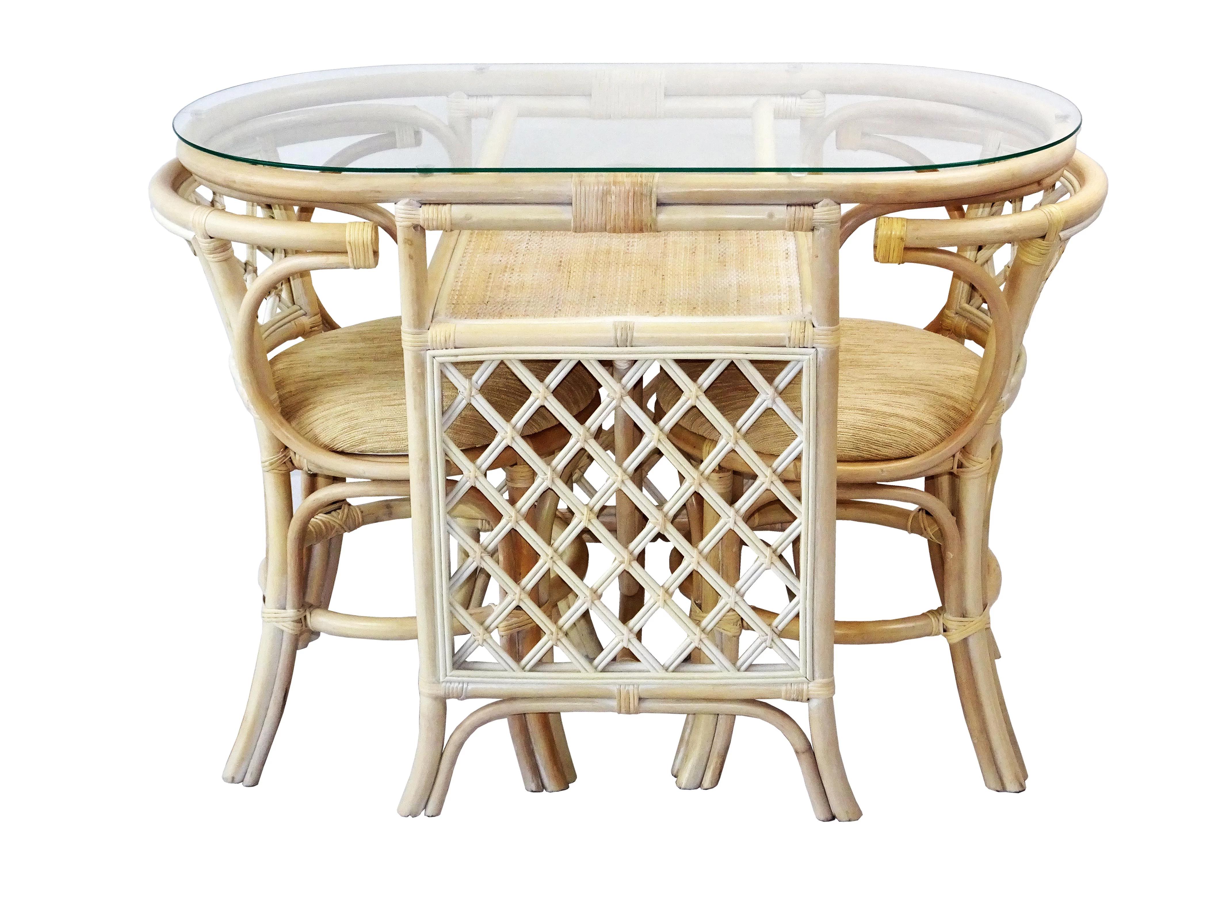 SK New Interiors Dining Furniture Borneo Set of 2 Natural Rattan Chairs w/Cream Cushion and Oval Table w/Glass, White Wash