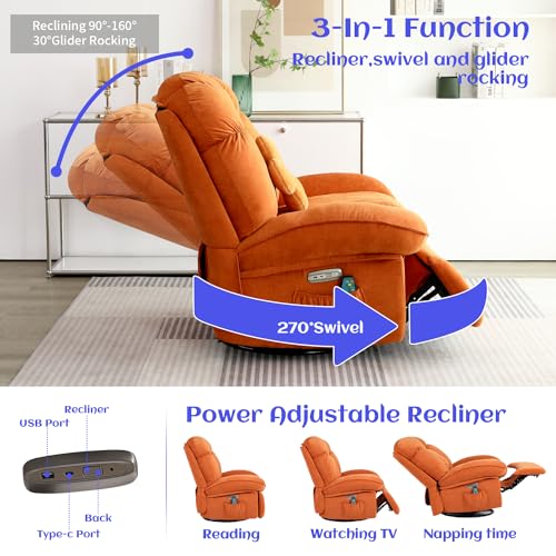DYHOME Power Recliner Chair Massage Rocker Recliner with Heated, Small Swivel Rocking Recliner Chairs for Adults, Ergonomic Lounge Chair with USB, USB-C for Living Room, Green