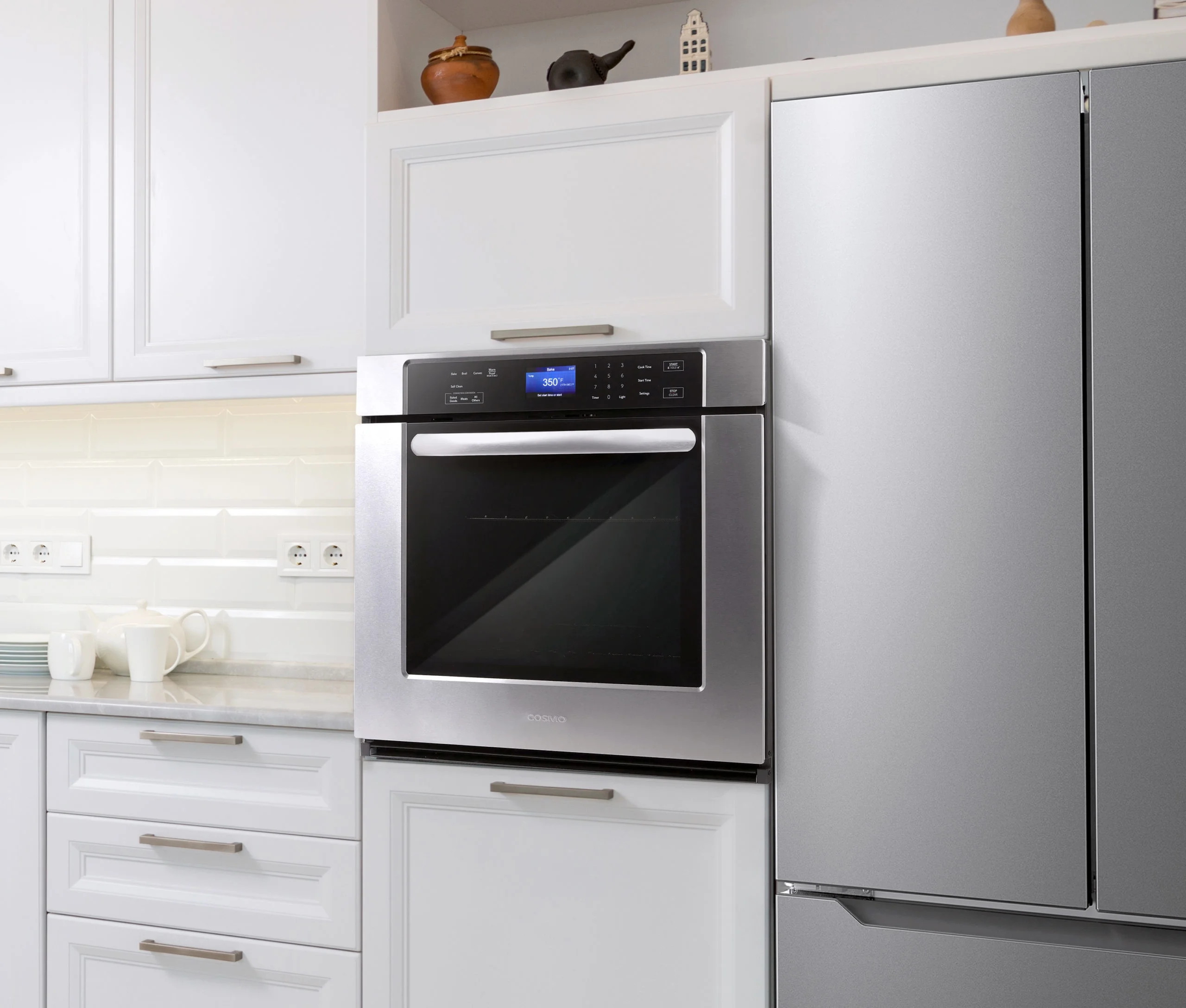 Cosmo 5 Piece Kitchen Appliance Package With 36" Electric Cooktop 30" Single Electric Wall Oven 24.4" Countertop Microwave French Door Refrigerator & 24" Built-in Fully Integrated Dishwasher