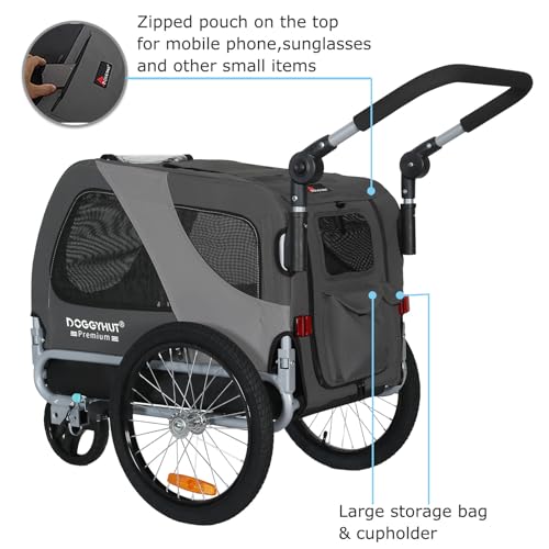 DOGGYHUT® Premium M Pet Bike Trailer & Stroller 2-in-1,for Dogs up to 50 lbs,Parking Brakes,Easy Folding Cart Frame, Universal Bicycle Coupler,E-Bike Friendly