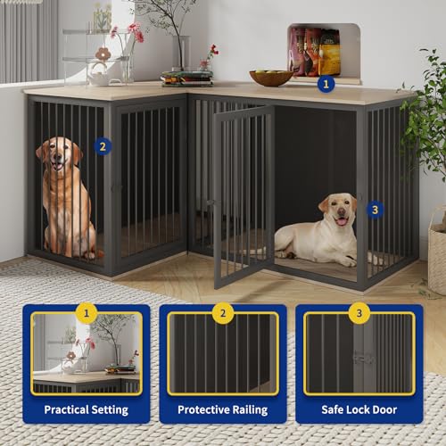Dog Crate Furniture for 2 Dogs, 79.1" Large Dog Kennel Furniture with Dividers and Double Doors, All Steel Frame Double Dog Crate, 41.7" L X 22" W X 30.3" H, 37.4" L X 22" W X 30.3" H (Black Gray)