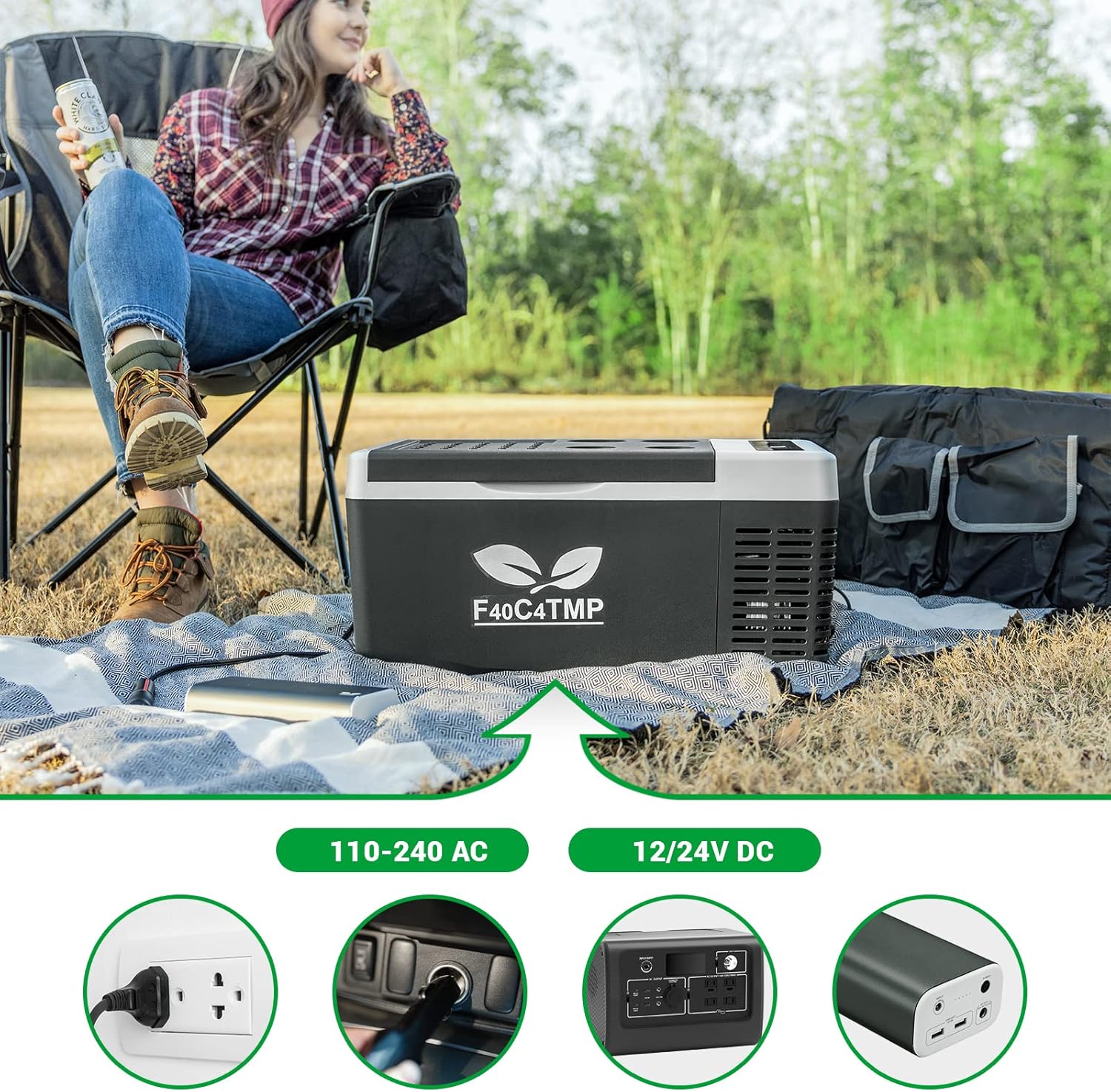 F40C4TMP Portable Refrigerator 20 Quart 12 Volt Freezer (-7.6℉~50℉) 18L Car Fridge With Compressor 110-240V AC For Camping, Truck, RV, Travel, Boat and Home Use