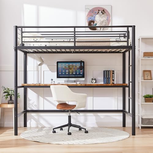 VECELO Metal Loft Bed Twin Size, Heavy Duty Bedframe with Removable Ladder and Safety Guardrail, Space-Saving, Noise Free, No Box Spring Needed, Off White