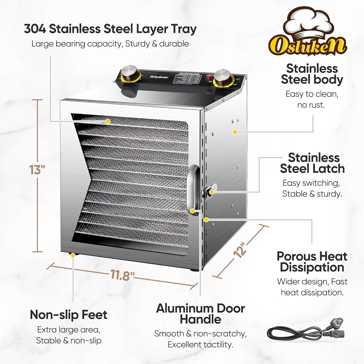 Food Dehydrator Machine 800W, 12 Stainless Steel Trays Dehydrated Dryer with 12H Timer & 86°F-194°F Temperature Control for Beef Jerky, Meat, Fruit, Herb, Dog Treats, Veggies, Recipe Book