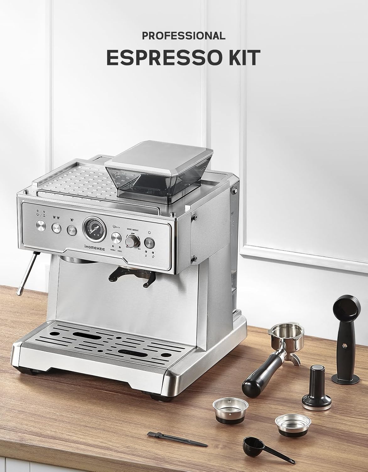Espresso Coffee Maker With Grinder, 20 Bar Semi-Automatic Espresso Machine With Milk Frother Steam Wand, Professional Cappuccino Latte Machine For Home, Office, Brushed Stainless Steel
