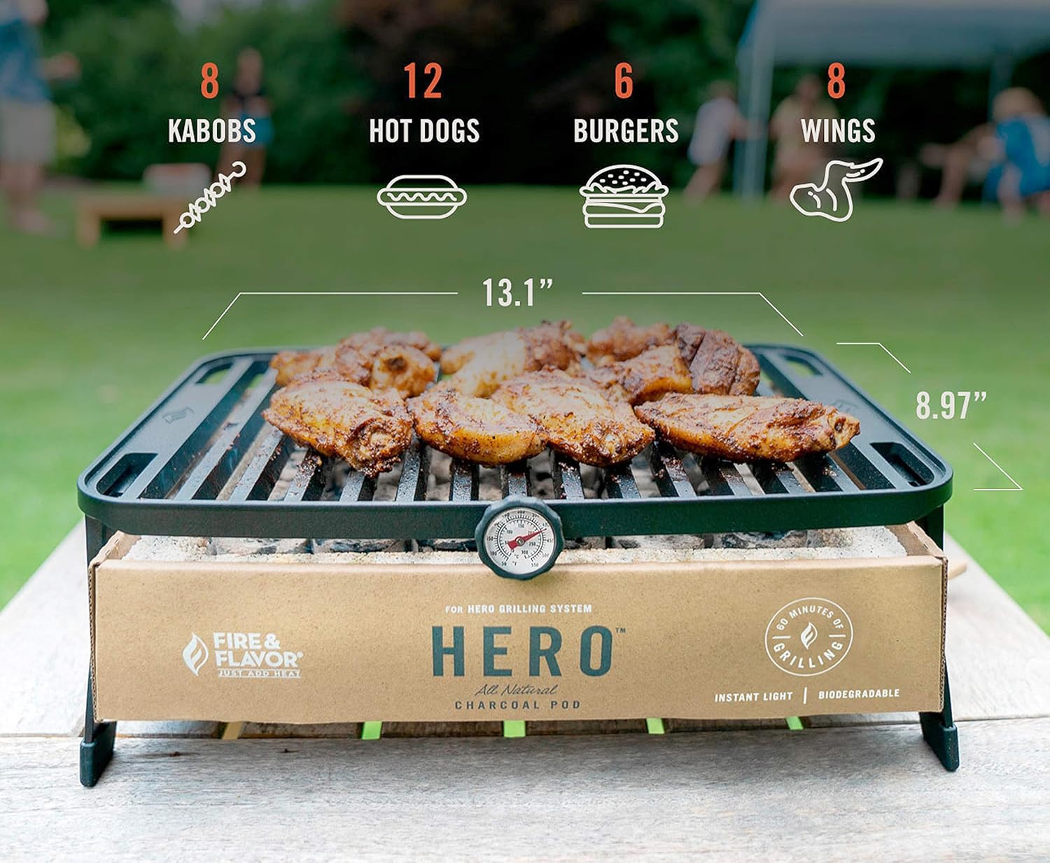 Fire & Flavor Hero System Ultra-Portable Easy Instant Light Charcoal Grilling for Tailgating, Beach RV, Park, Patio, Outdoors with Reusable Eco-Friendly Pod, Bamboo Cutting Board and Carry Case, Multi