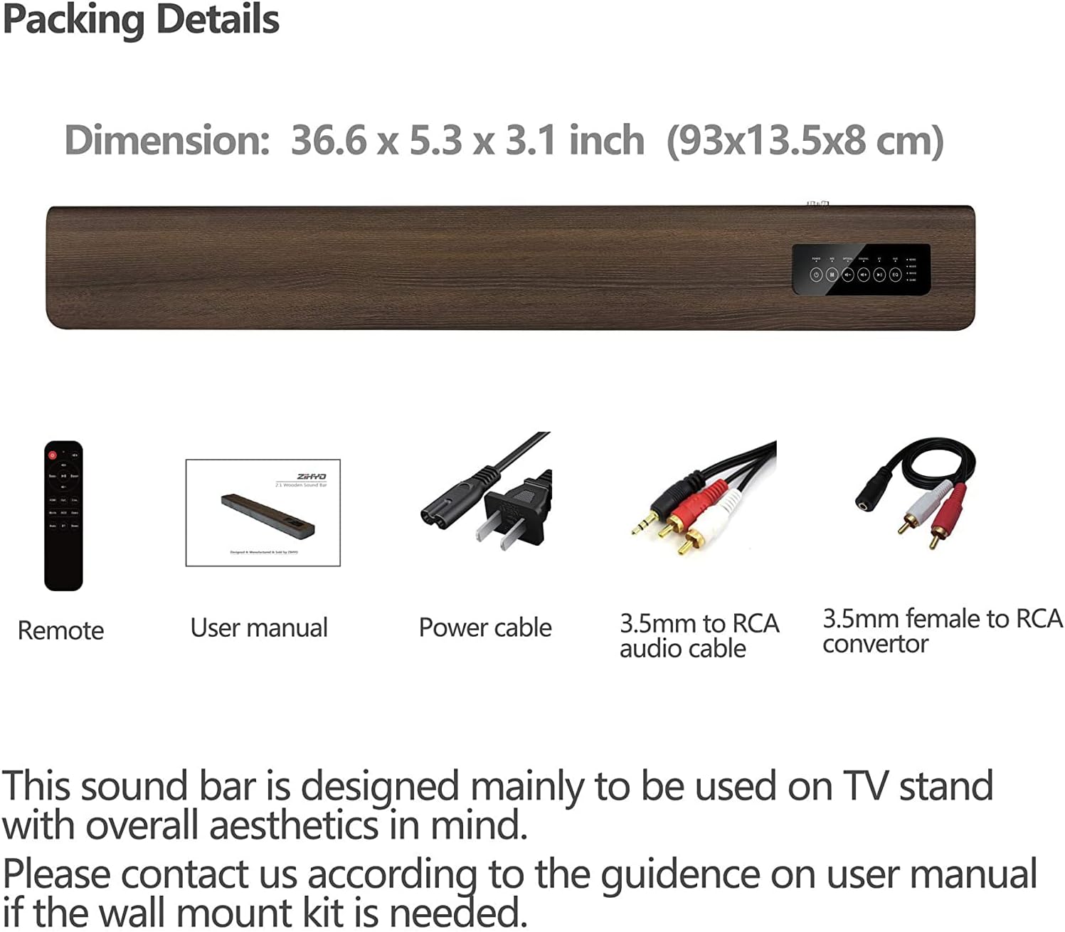 KEiiD Sound Bar for TV 2.1 CH Wooden Soundbar with Built-in Subwoofer, Bluetooth HDMI(ARC)/ Optical/Coaxial/RCA Connection, 4 EQ Modes Optional for Home Theater TV Speakers