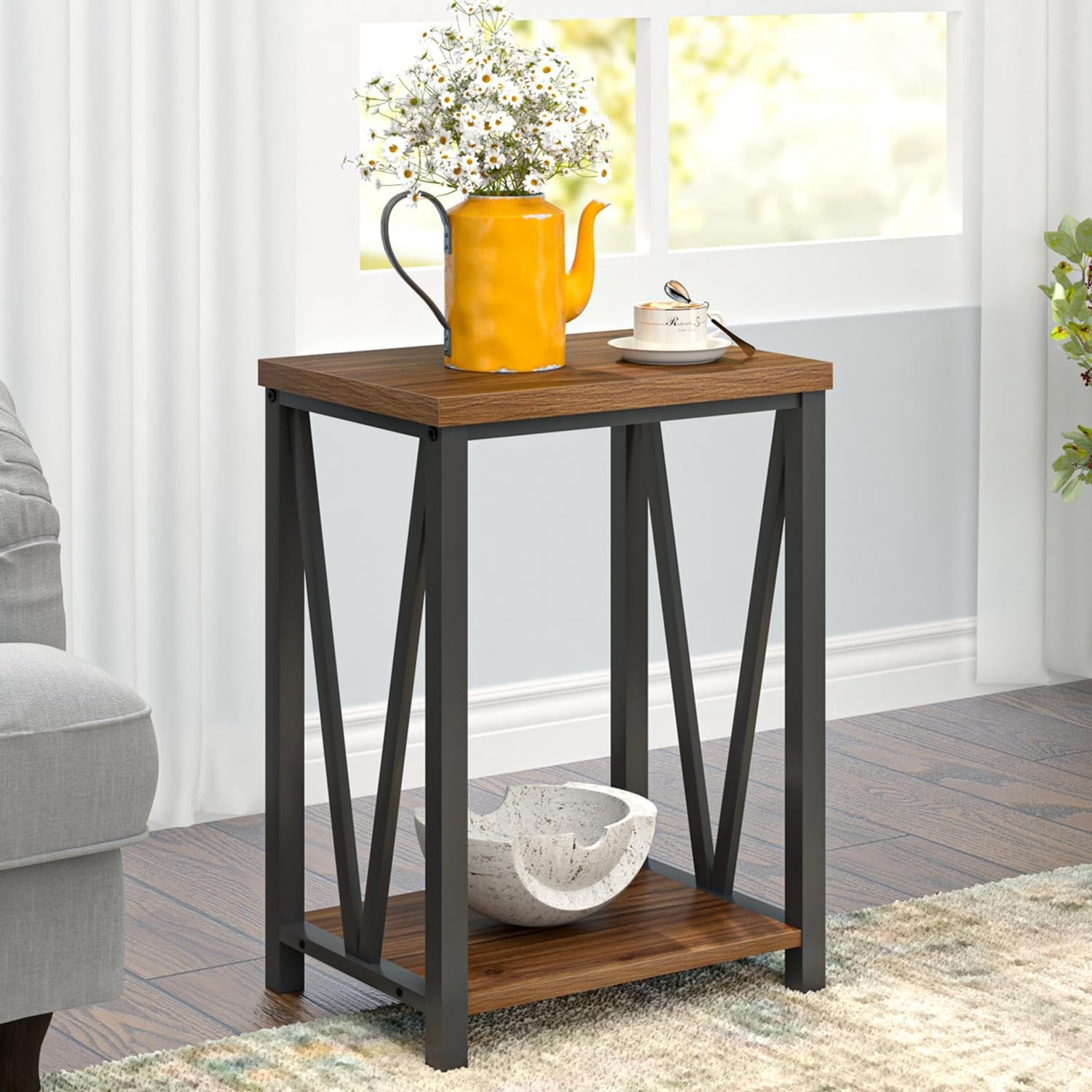 FOLUBAN Modern Coffee Table End Table and Entryway Table with Storage Shelf for Living Room, Rustic Walnut
