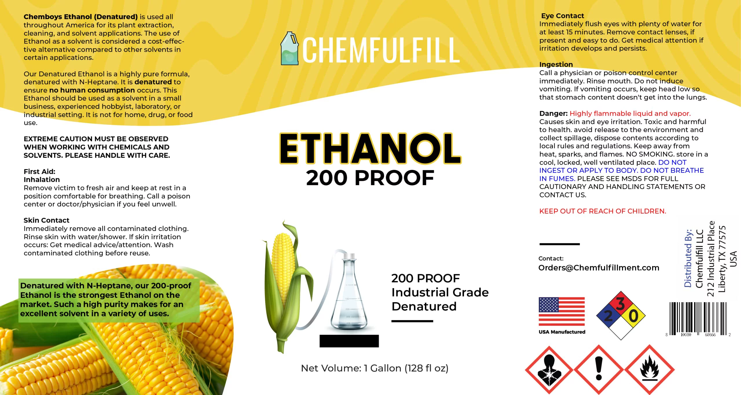 Chemfulfill 200 Proof Ethanol - Ethanol (100% EtOH Denatured) (15-Gallon (1,920 fl oz))