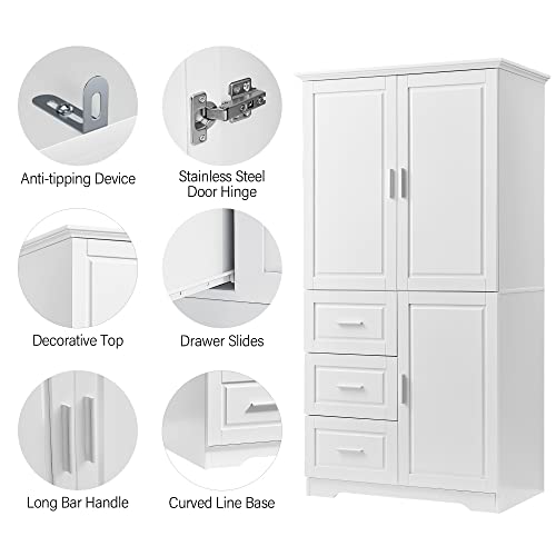 Dolonm 62 Inch Pantry Cabinet, Kitchen Pantry Storage Cabinets with Shelves and Feet, Wood Storage Cabinet with Drawer & Doors, White Pantry Storage Cabinet for Kitchen, Dining Room, Bathroom (White)