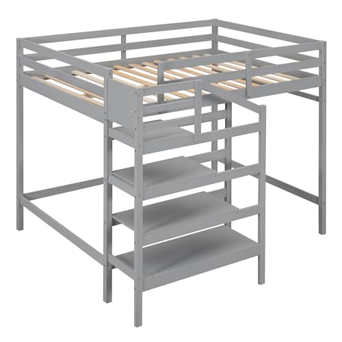 Harper & Bright Designs Full Loft Bed with Staircase and Storage Wardrobe, Wooden Full Size Loft Bed Frame with Storage Shelf, High Full Loft Beds for Kids Boys Girls Teens Dorm Bedroom (Full, Gray)