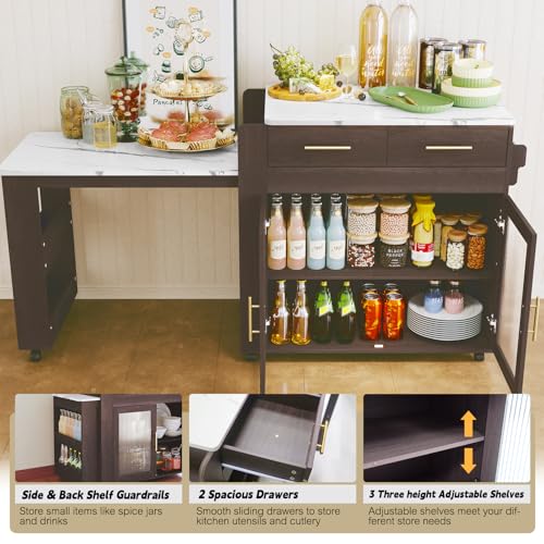 HLR Extendable Kitchen Island on Wheels, Rolling Kitchen Island Cart with Power Outlet, Marble Grain Top Kitchen Island Table with Storage Cabinet and Drawers, Island Table for Kitchen