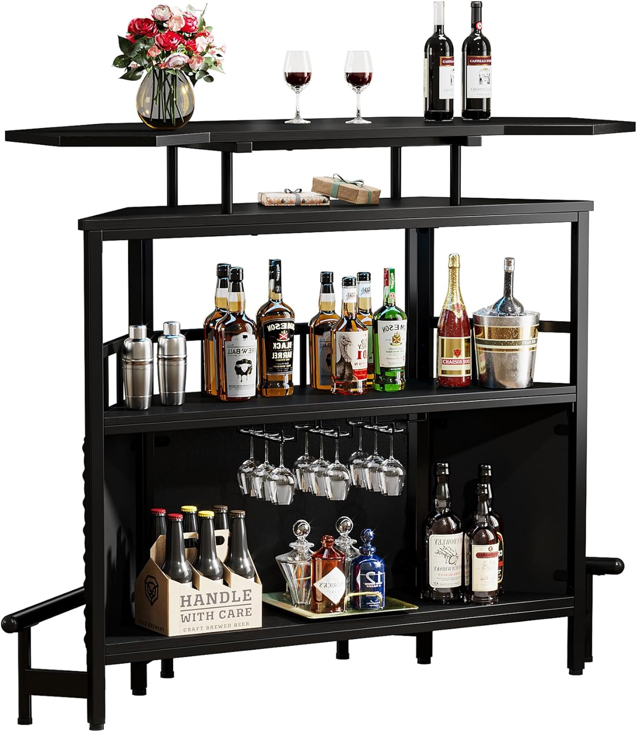 Bar Unit for Liquor, 4 Tier Home Bar Cabinet with Stemware Rack, Storage Shelf and Footrest, 47.24" L x 20.86" W x 43.3" H, Black
