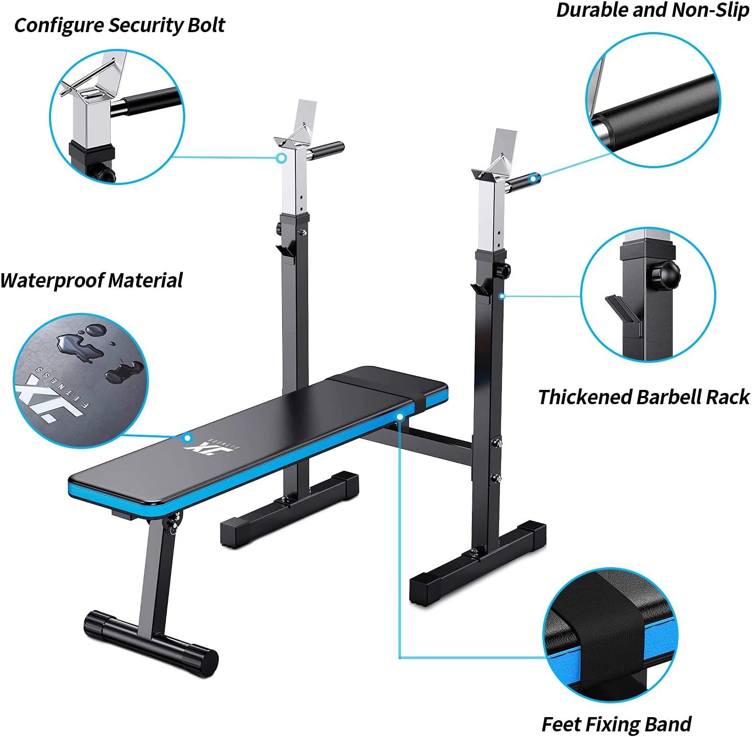 JX FITNESS Adjustable Weight Bench with Barbell Rack Folding, Weight Lifting Bench with Dip Station for Home Gym, Strength Training Multiuse Workout Bench