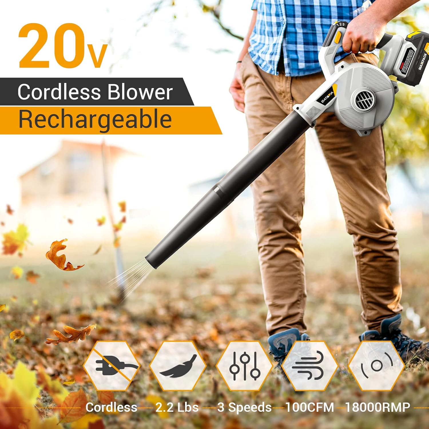 BATAVIA 20V Cordless Leaf Blower, [3 Speed/100CF/170MPH] Electric Leaf Blower & Vacuums w/ Charger & 2.0Ah Lithium Battery, 2 Section Tube, Leaf Sweeper for Leaves, Dust, Snow, Lawn, Patio, Yards
