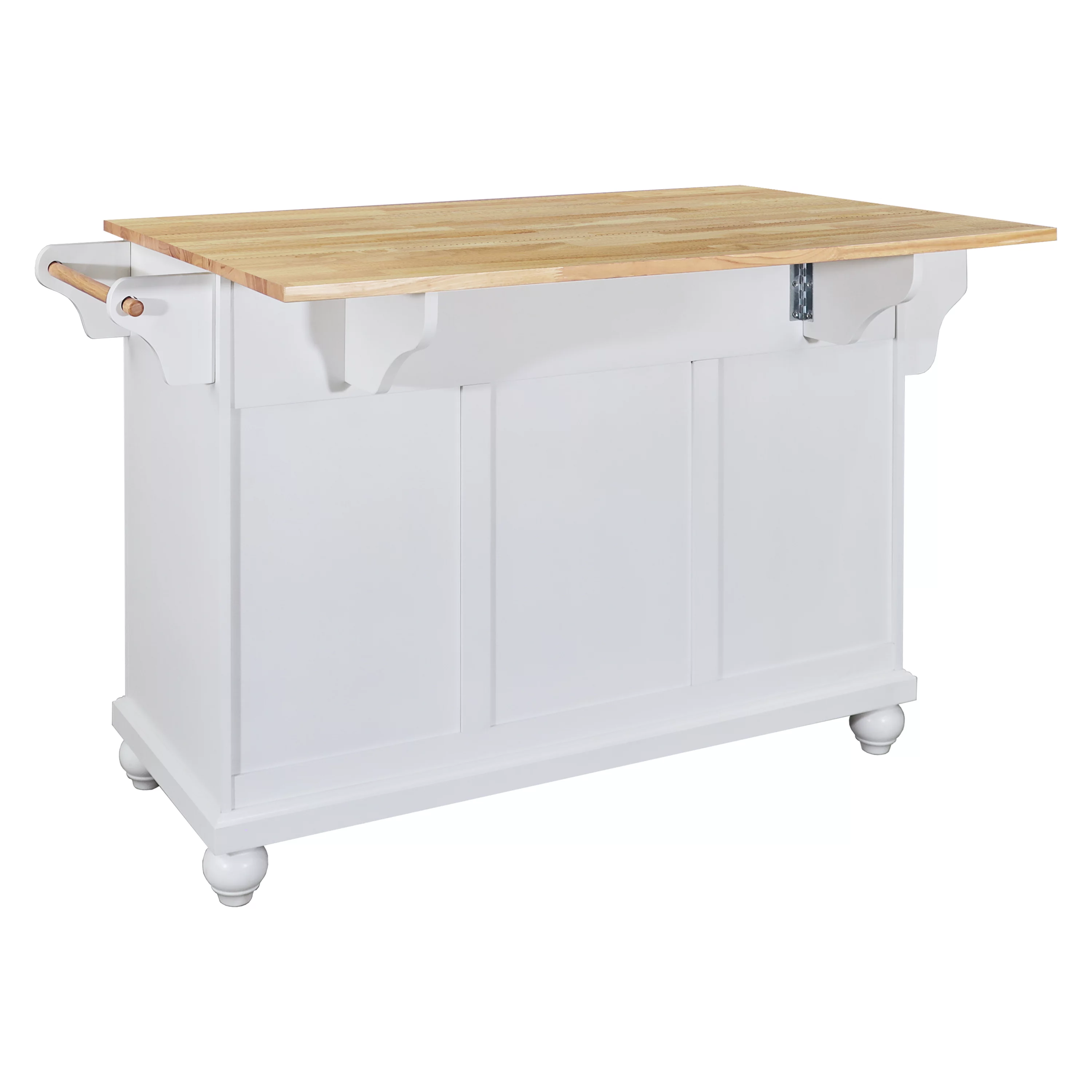 Multi-Functional Storage Island Cart with Rubberwood Countertop and Drop-Leaf, Greenguard Gold Certified, Kitchen Island on Wheels with Large Storage Cabinet,2 Drawers,Spice Rack,Towel Holder, White
